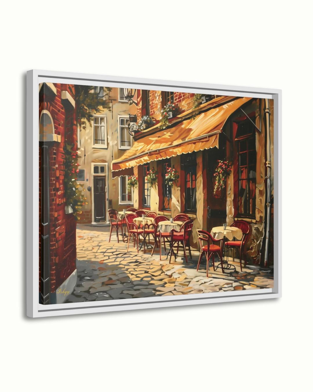 European Cafe Street Wall Art Print, Canvas, Framed Canvas, Rustic Vintage Parisian Bistro, Old Town Cobblestone Alley, Kitchen Dining Decor