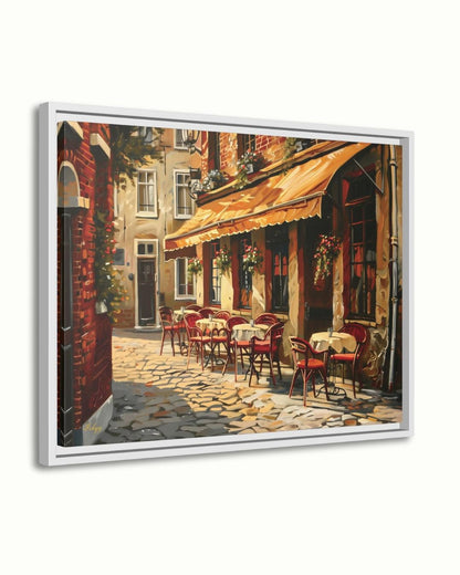 European Cafe Street Wall Art Print, Canvas, Framed Canvas, Rustic Vintage Parisian Bistro, Old Town Cobblestone Alley, Kitchen Dining Decor