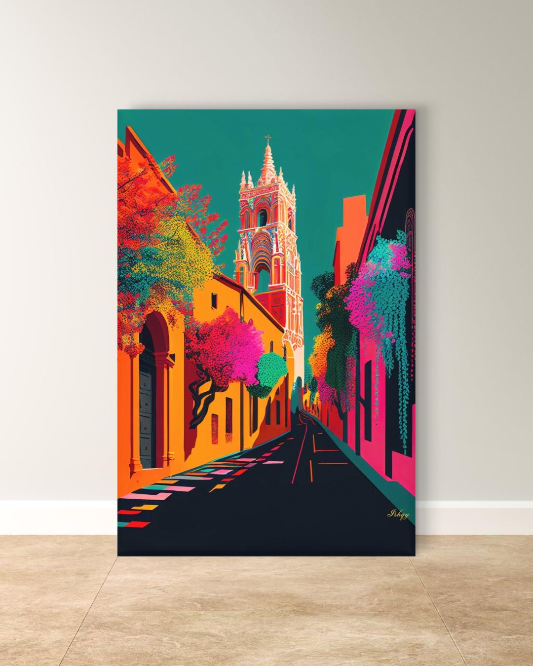 San Miguel de Allende Wall Art, Colorful Mexico Street Canvas Painting, Vibrant Colonial Architecture Artwork for Home Decor