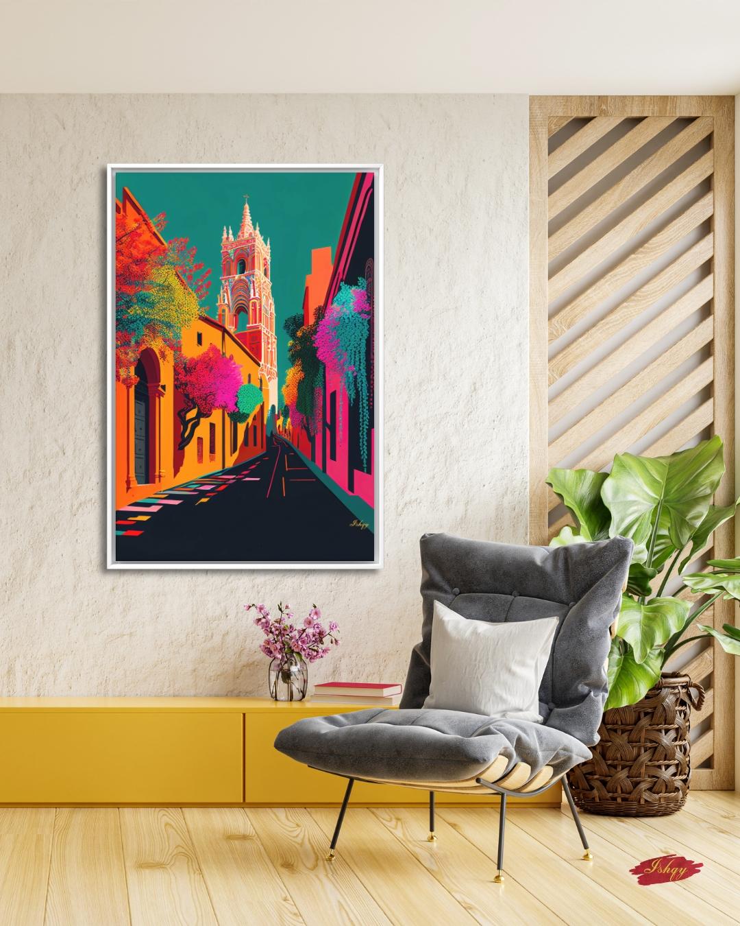 San Miguel de Allende Wall Art, Colorful Mexico Street Canvas Painting, Vibrant Colonial Architecture Artwork for Home Decor