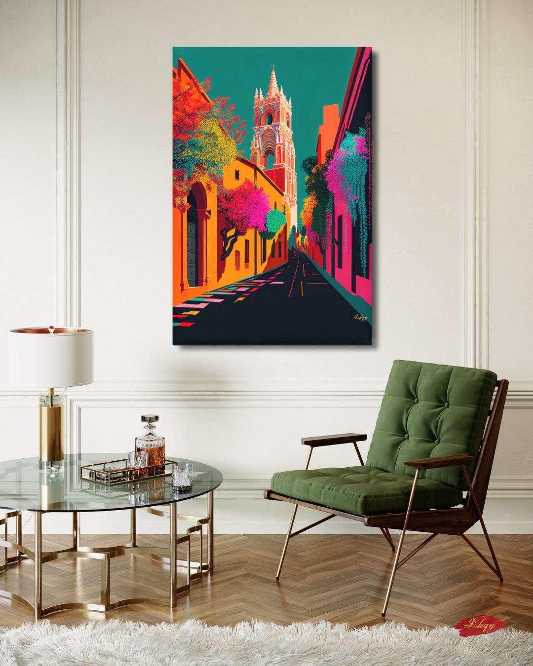 San Miguel de Allende Wall Art, Colorful Mexico Street Canvas Painting, Vibrant Colonial Architecture Artwork for Home Decor