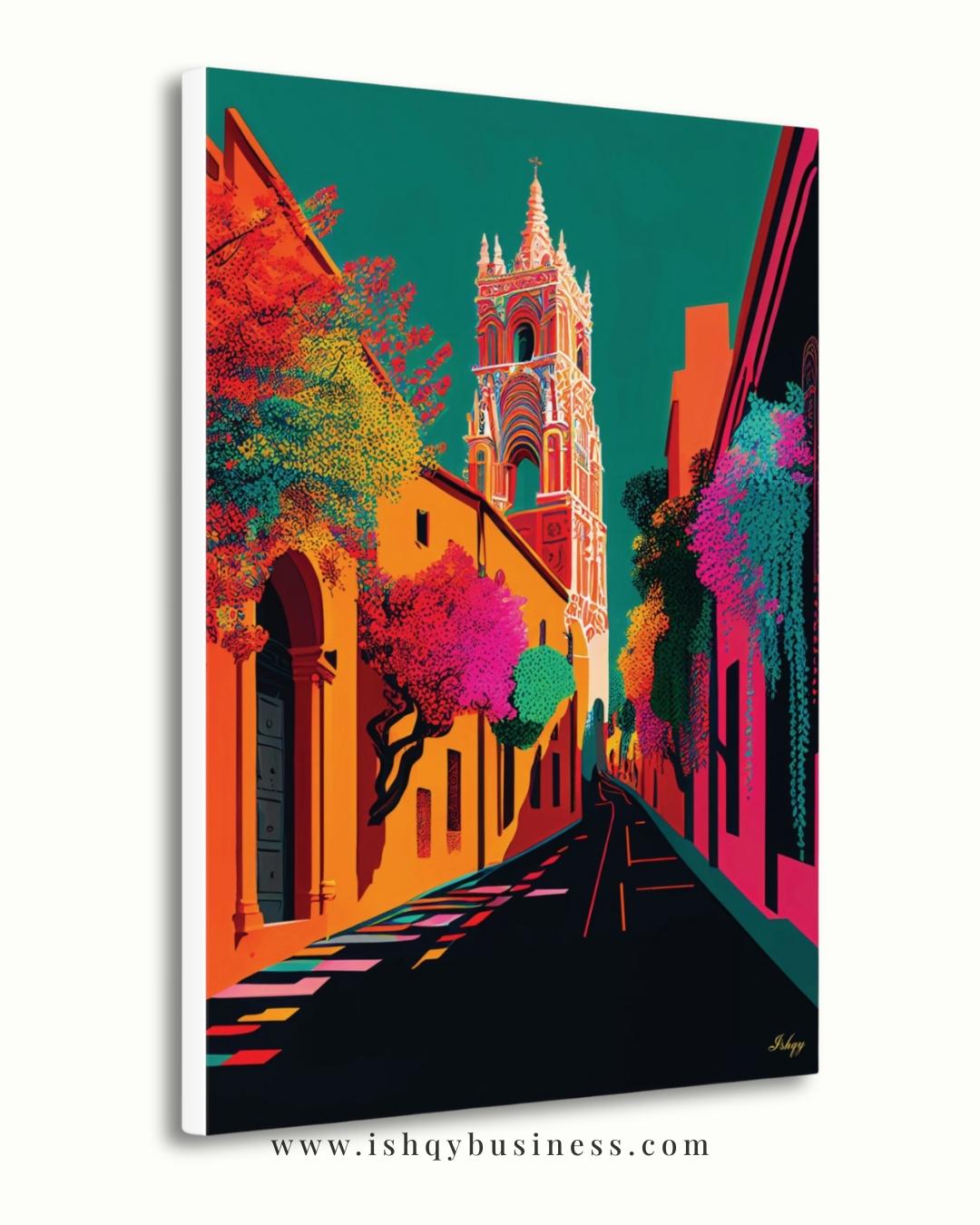 San Miguel de Allende Wall Art, Colorful Mexico Street Canvas Painting, Vibrant Colonial Architecture Artwork for Home Decor