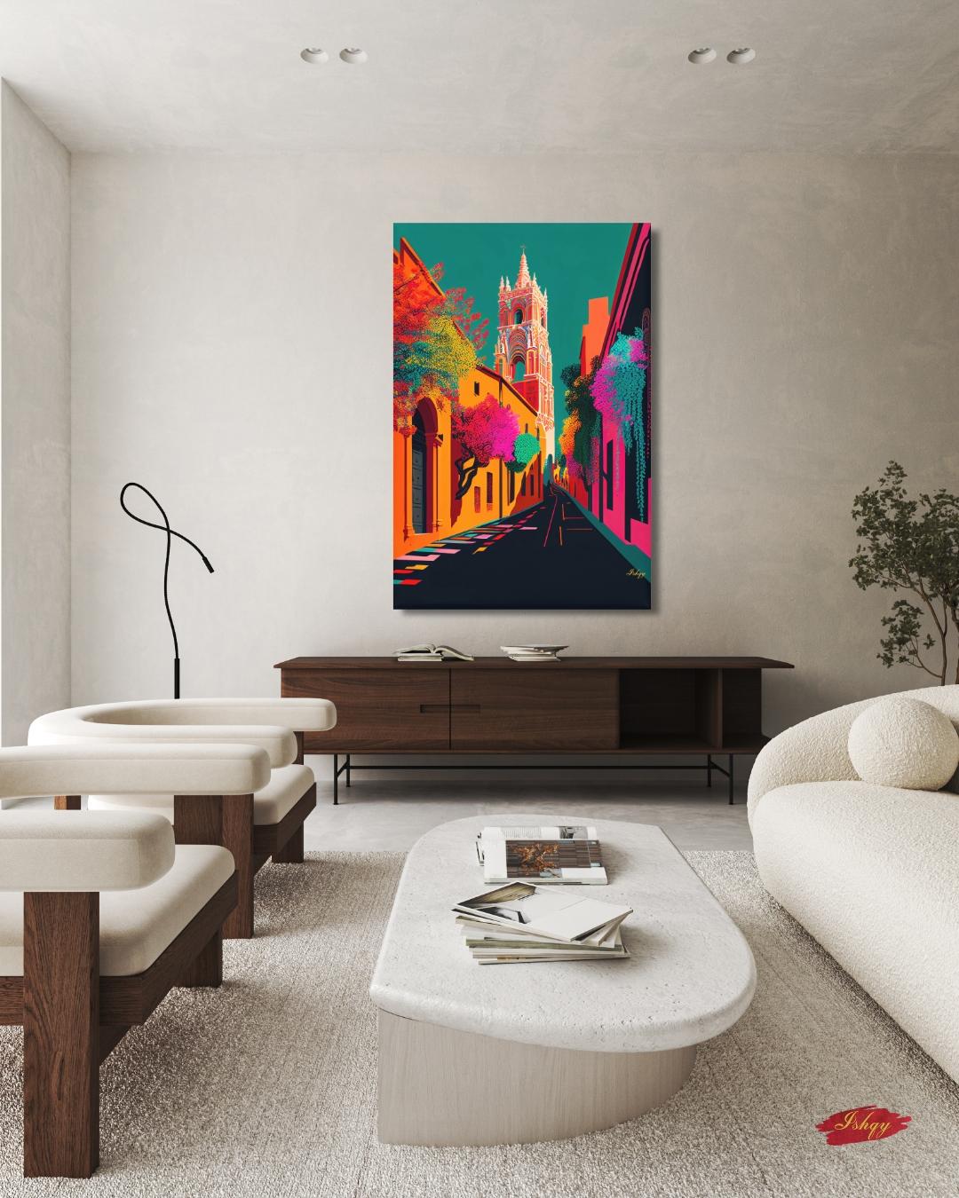 San Miguel de Allende Wall Art, Colorful Mexico Street Canvas Painting, Vibrant Colonial Architecture Artwork for Home Decor