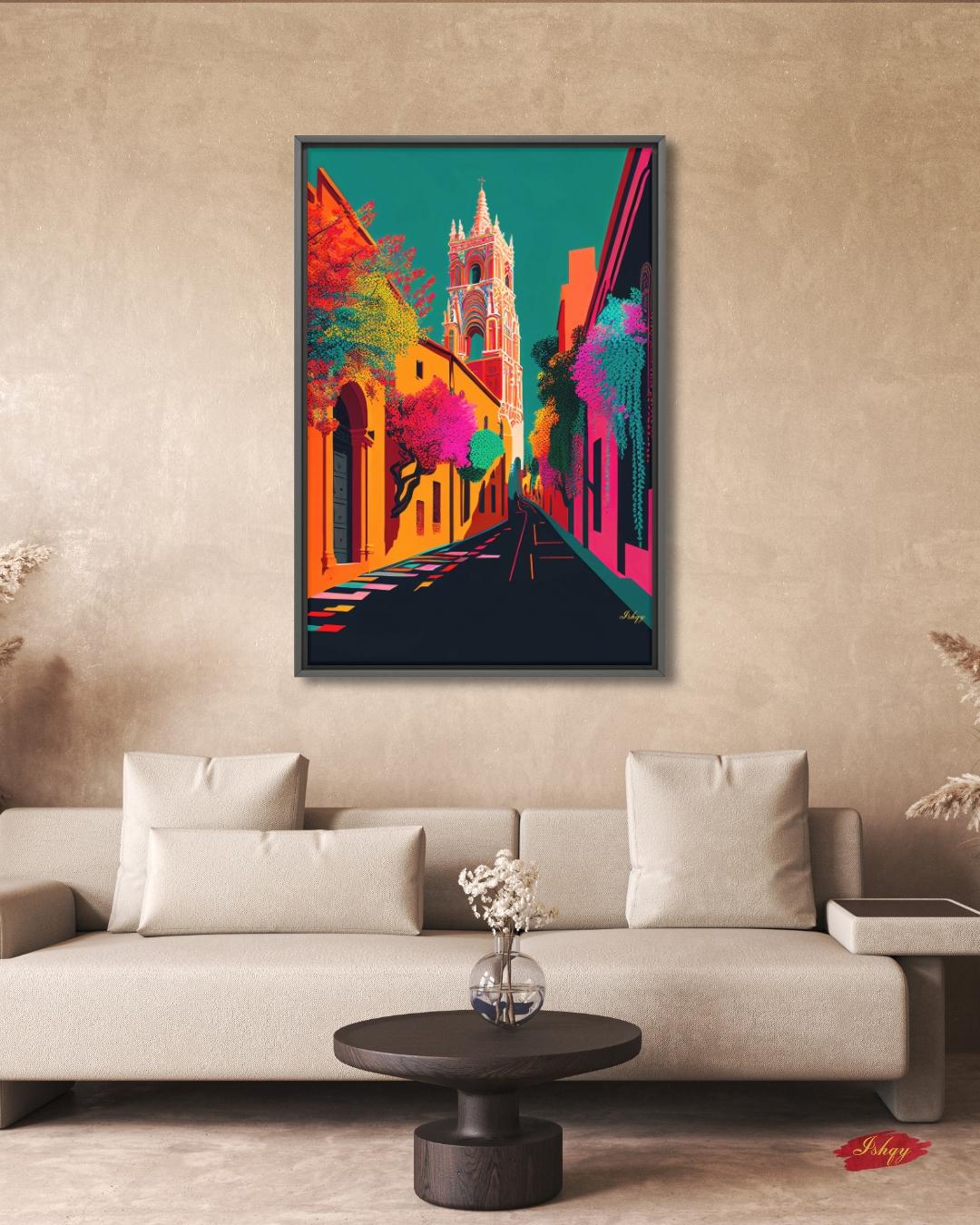 San Miguel de Allende Wall Art, Colorful Mexico Street Canvas Painting, Vibrant Colonial Architecture Artwork for Home Decor