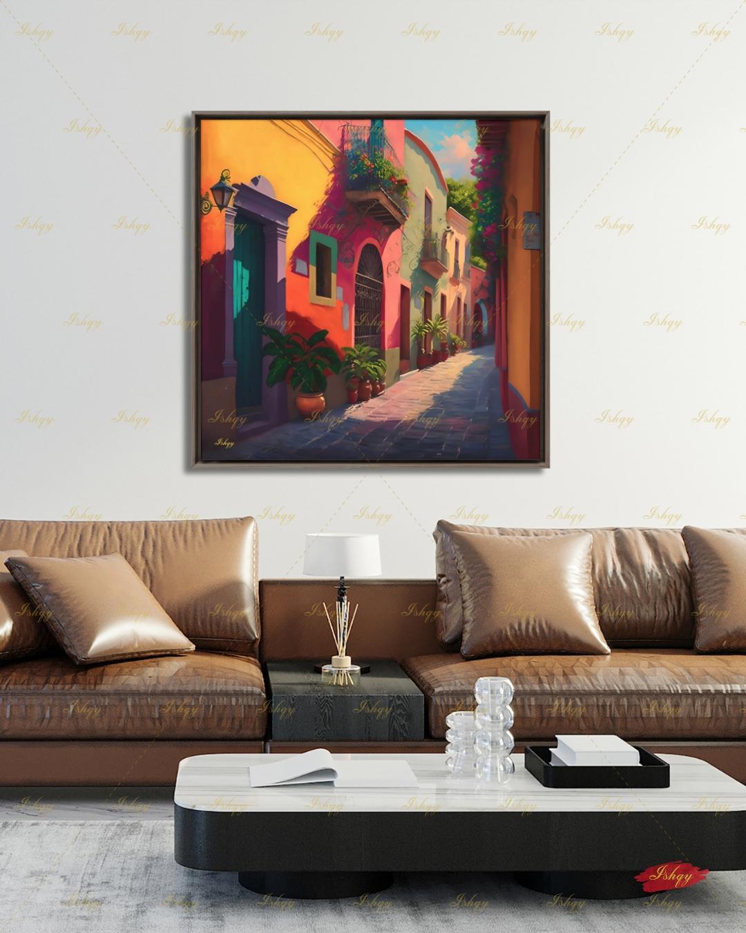 Mexican Village Wall Art, Colorful Street Canvas Print, Large Framed Latin American Decor, Mexico Travel Gift, Traditional Hacienda Painting