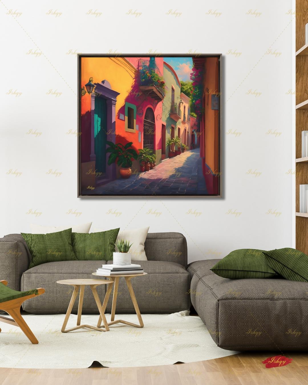 Mexican Village Wall Art, Colorful Street Canvas Print, Large Framed Latin American Decor, Mexico Travel Gift, Traditional Hacienda Painting