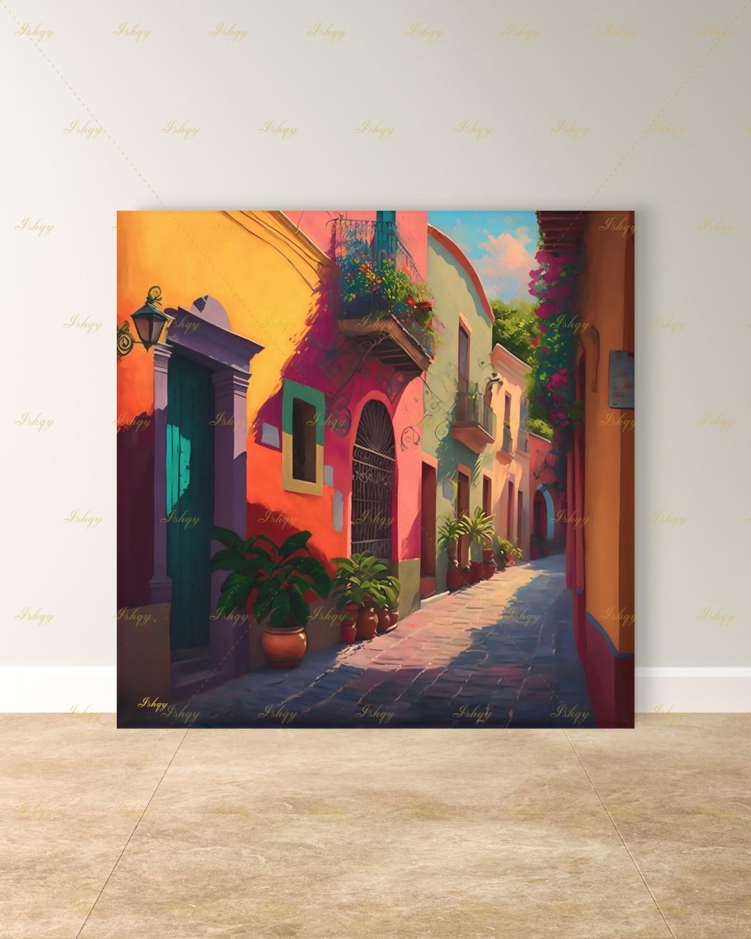 Mexican Village Wall Art, Colorful Street Canvas Print, Large Framed Latin American Decor, Mexico Travel Gift, Traditional Hacienda Painting