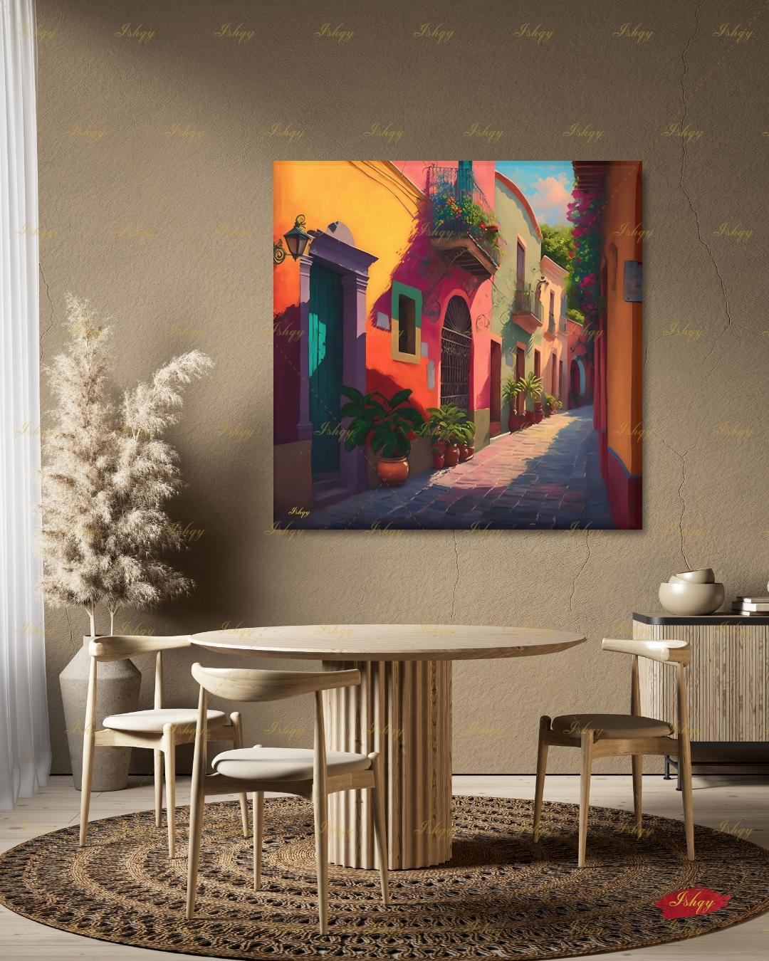 Mexican Village Wall Art, Colorful Street Canvas Print, Large Framed Latin American Decor, Mexico Travel Gift, Traditional Hacienda Painting