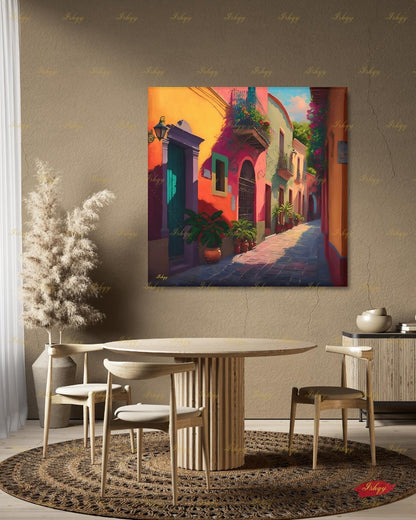 Mexican Village Wall Art, Colorful Street Canvas Print, Large Framed Latin American Decor, Mexico Travel Gift, Traditional Hacienda Painting