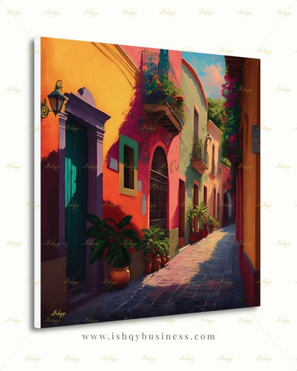 Mexican Village Wall Art, Colorful Street Canvas Print, Large Framed Latin American Decor, Mexico Travel Gift, Traditional Hacienda Painting