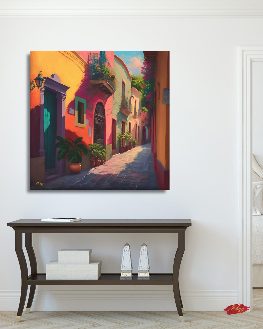 Mexican Village Street Wall Art Print, Canvas, Framed Canvas, Colorful Colonial Alley Mexico Cityscape Painting for Living Room Home Decor
