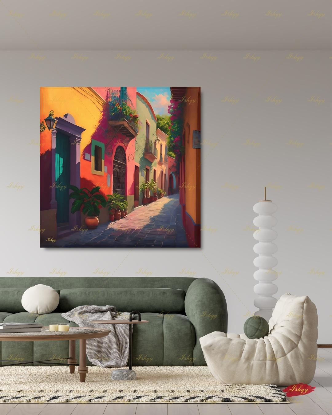 Mexican Village Wall Art, Colorful Street Canvas Print, Large Framed Latin American Decor, Mexico Travel Gift, Traditional Hacienda Painting