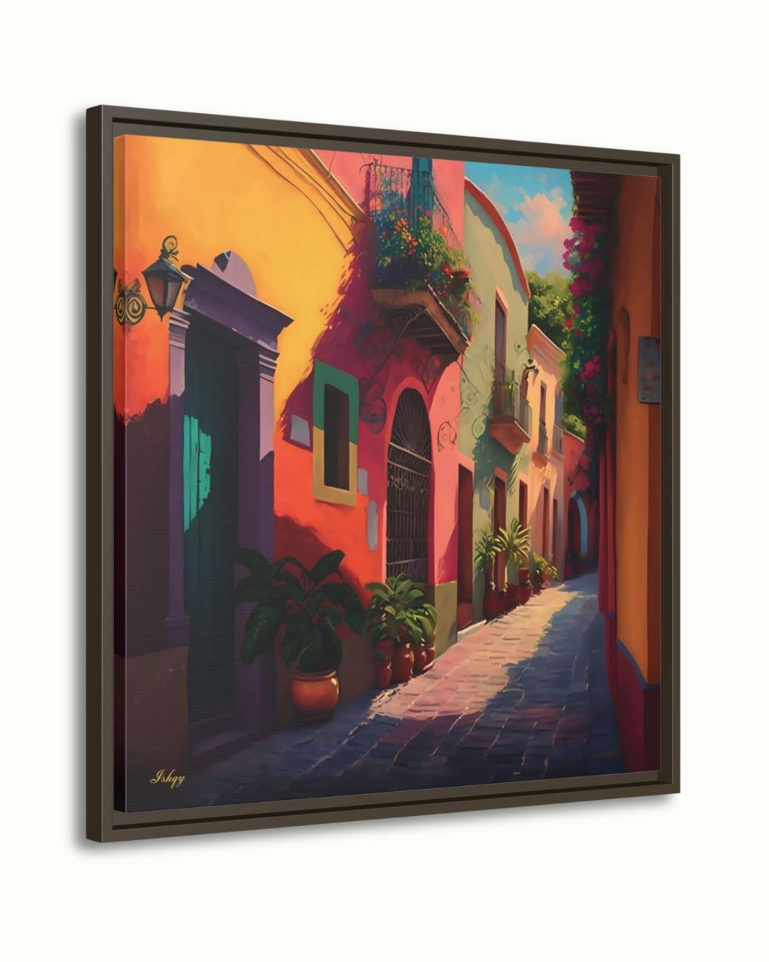 Mexican Village Street Wall Art Print, Canvas, Framed Canvas, Colorful Colonial Alley Mexico Cityscape Painting for Living Room Home Decor