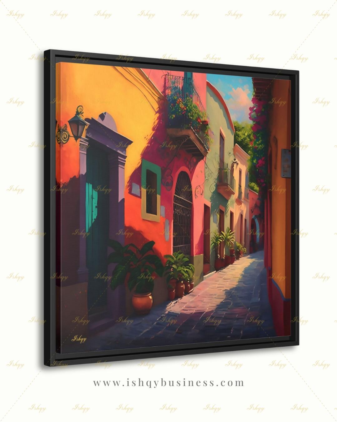 Mexican Village Wall Art, Colorful Street Canvas Print, Large Framed Latin American Decor, Mexico Travel Gift, Traditional Hacienda Painting