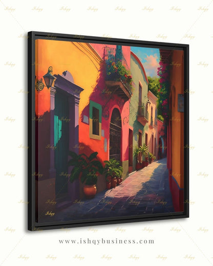 Mexican Village Wall Art, Colorful Street Canvas Print, Large Framed Latin American Decor, Mexico Travel Gift, Traditional Hacienda Painting