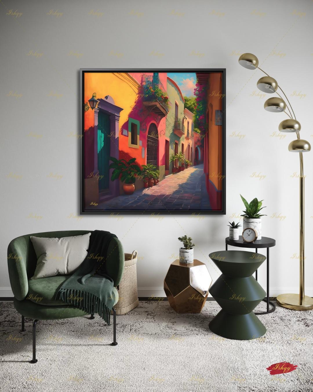 Mexican Village Wall Art, Colorful Street Canvas Print, Large Framed Latin American Decor, Mexico Travel Gift, Traditional Hacienda Painting