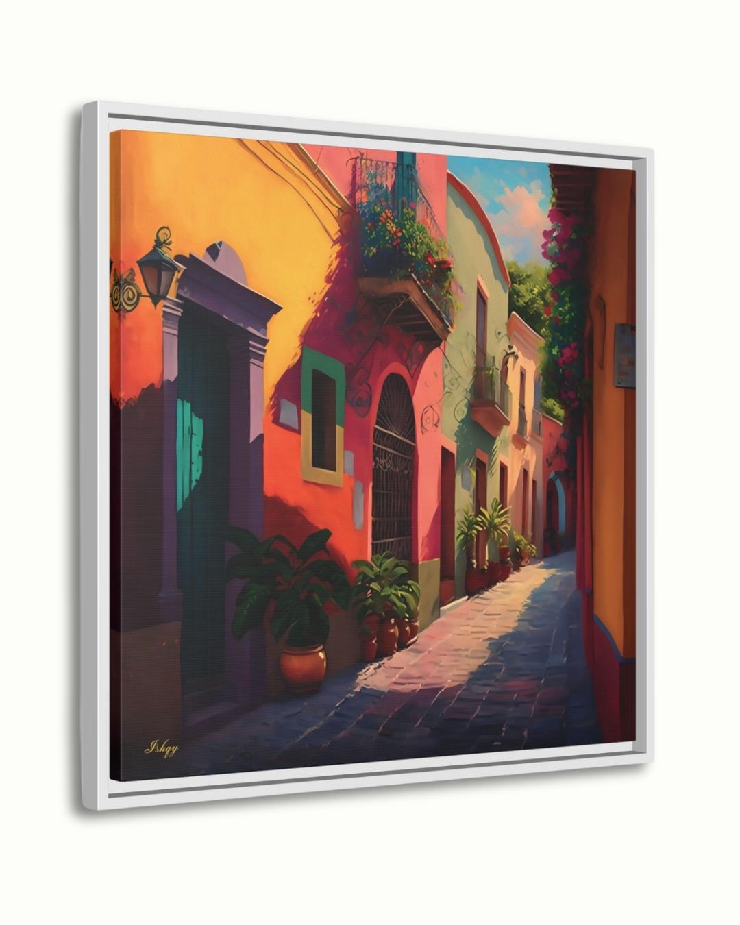 Mexican Village Street Wall Art Print, Canvas, Framed Canvas, Colorful Colonial Alley Mexico Cityscape Painting for Living Room Home Decor