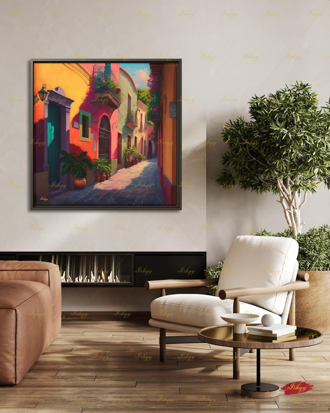Mexican Village Wall Art, Colorful Street Canvas Print, Large Framed Latin American Decor, Mexico Travel Gift, Traditional Hacienda Painting