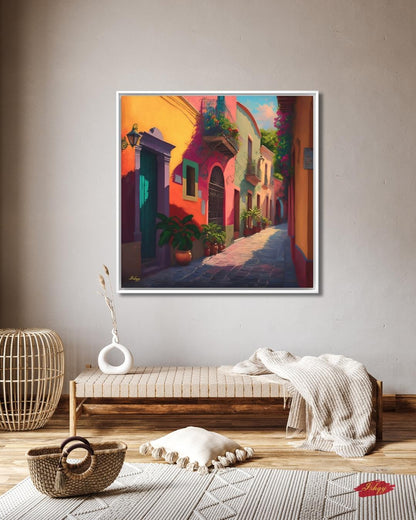 Mexican Village Street Wall Art Print, Canvas, Framed Canvas, Colorful Colonial Alley Mexico Cityscape Painting for Living Room Home Decor