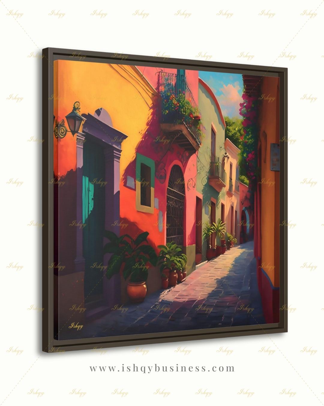 Mexican Village Wall Art, Colorful Street Canvas Print, Large Framed Latin American Decor, Mexico Travel Gift, Traditional Hacienda Painting