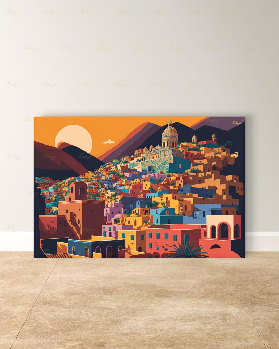 Oversized Guanajuato Canvas Wall Art, Mexico Hillside Town Framed Canvas Print, Extra Large Colorful Sunset Cityscape, Above Bed Decor