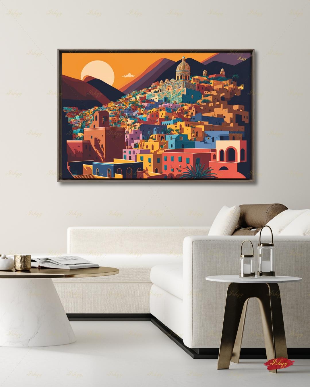 Oversized Guanajuato Canvas Wall Art, Mexico Hillside Town Framed Canvas Print, Extra Large Colorful Sunset Cityscape, Above Bed Decor