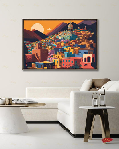 Oversized Guanajuato Canvas Wall Art, Mexico Hillside Town Framed Canvas Print, Extra Large Colorful Sunset Cityscape, Above Bed Decor