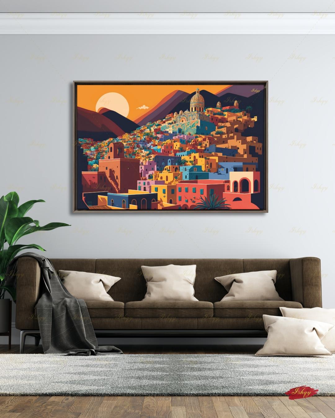 Oversized Guanajuato Canvas Wall Art, Mexico Hillside Town Framed Canvas Print, Extra Large Colorful Sunset Cityscape, Above Bed Decor