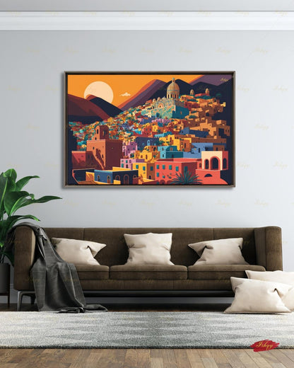 Oversized Guanajuato Canvas Wall Art, Mexico Hillside Town Framed Canvas Print, Extra Large Colorful Sunset Cityscape, Above Bed Decor