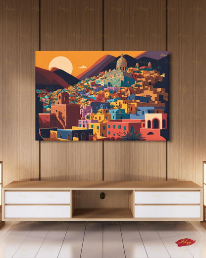 Oversized Guanajuato Canvas Wall Art, Mexico Hillside Town Framed Canvas Print, Extra Large Colorful Sunset Cityscape, Above Bed Decor