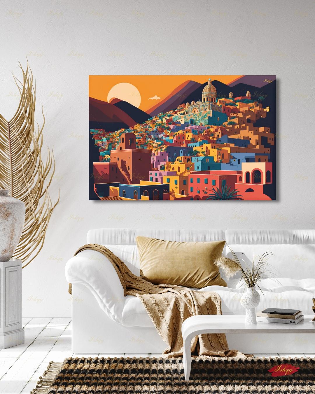 Oversized Guanajuato Canvas Wall Art, Mexico Hillside Town Framed Canvas Print, Extra Large Colorful Sunset Cityscape, Above Bed Decor