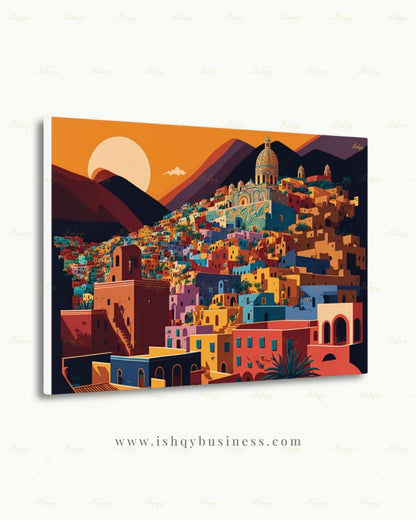 Oversized Guanajuato Canvas Wall Art, Mexico Hillside Town Framed Canvas Print, Extra Large Colorful Sunset Cityscape, Above Bed Decor