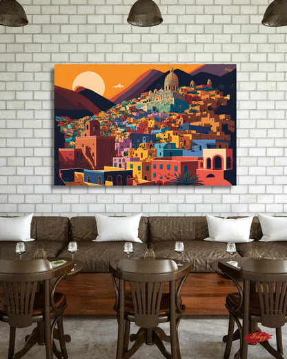 Oversized Guanajuato Canvas Wall Art, Mexico Hillside Town Framed Canvas Print, Extra Large Colorful Sunset Cityscape, Above Bed Decor