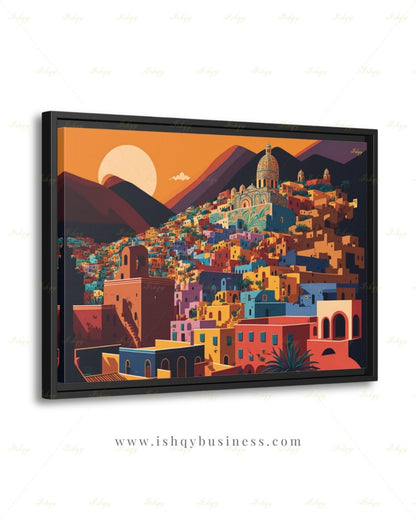 Oversized Guanajuato Canvas Wall Art, Mexico Hillside Town Framed Canvas Print, Extra Large Colorful Sunset Cityscape, Above Bed Decor