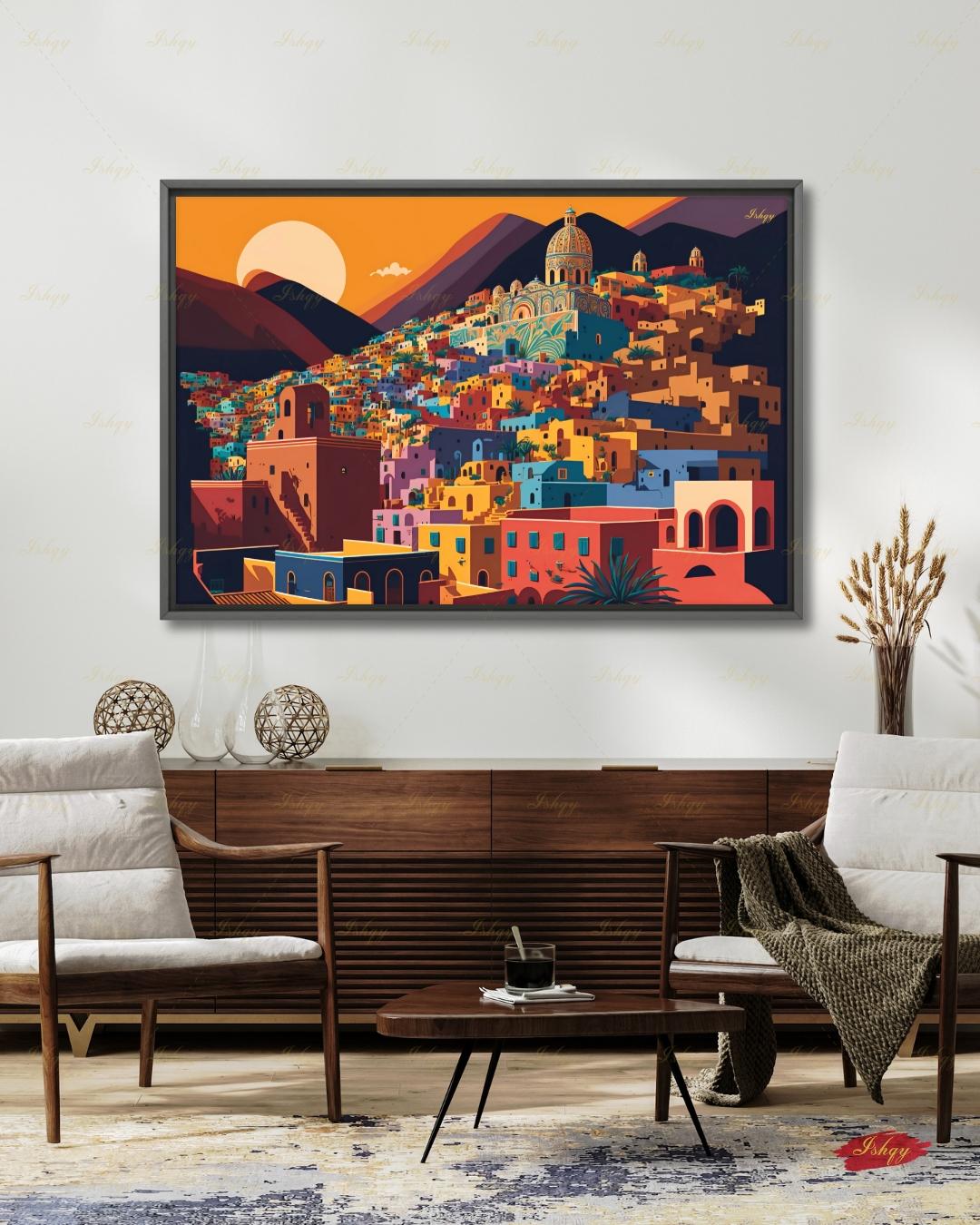 Oversized Guanajuato Canvas Wall Art, Mexico Hillside Town Framed Canvas Print, Extra Large Colorful Sunset Cityscape, Above Bed Decor