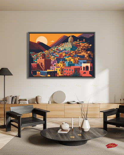 Oversized Guanajuato Canvas Wall Art, Mexico Hillside Town Framed Canvas Print, Extra Large Colorful Sunset Cityscape, Above Bed Decor