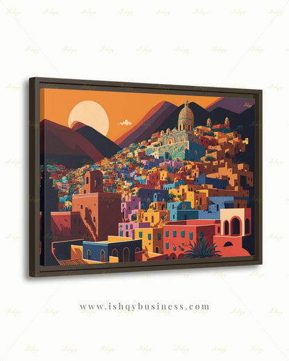 Oversized Guanajuato Canvas Wall Art, Mexico Hillside Town Framed Canvas Print, Extra Large Colorful Sunset Cityscape, Above Bed Decor