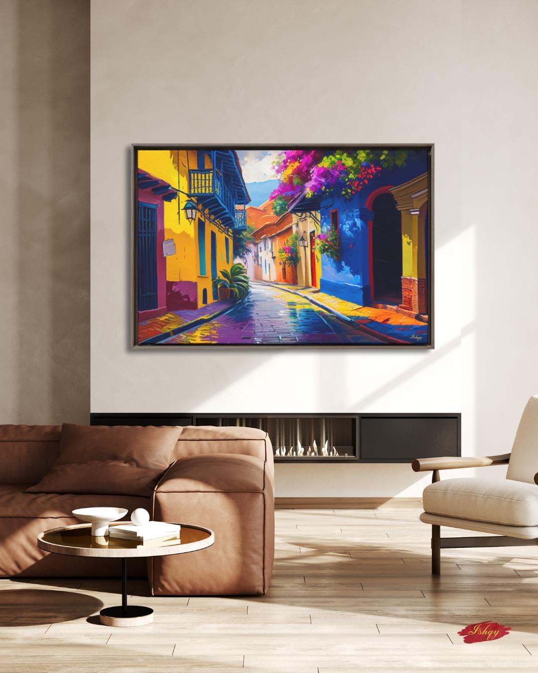 Cartagena Colombia Old Town Wall Art Print Canvas Framed Canvas, Colorful Colonial Street Balcony, Bougainvillea, Caribbean Travel Home Decor