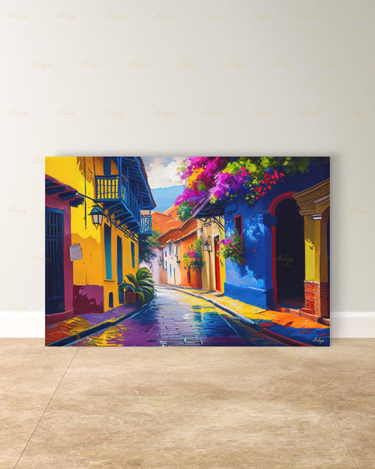 Oversized Cartagena Canvas Wall Art, Textured Colonial Street Framed Canvas Print, Above Fireplace Art, Extra Large Above Bed Wall Decor