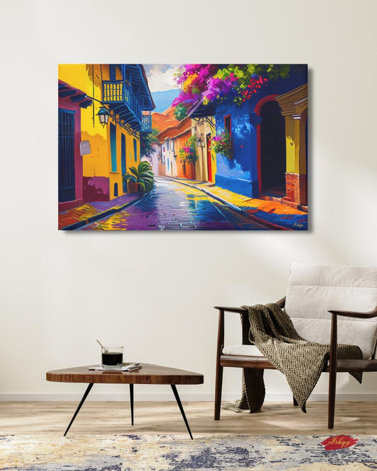 Cartagena Colombia Old Town Wall Art Print Canvas Framed Canvas, Colorful Colonial Street Balcony, Bougainvillea, Caribbean Travel Home Decor