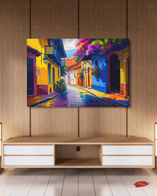 Oversized Cartagena Canvas Wall Art, Textured Colonial Street Framed Canvas Print, Above Fireplace Art, Extra Large Above Bed Wall Decor