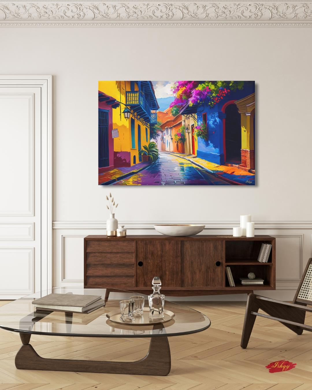 Cartagena Colombia Old Town Wall Art Print Canvas Framed Canvas, Colorful Colonial Street Balcony, Bougainvillea, Caribbean Travel Home Decor