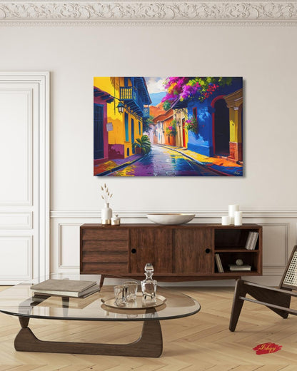 Cartagena Colombia Old Town Wall Art Print Canvas Framed Canvas, Colorful Colonial Street Balcony, Bougainvillea, Caribbean Travel Home Decor