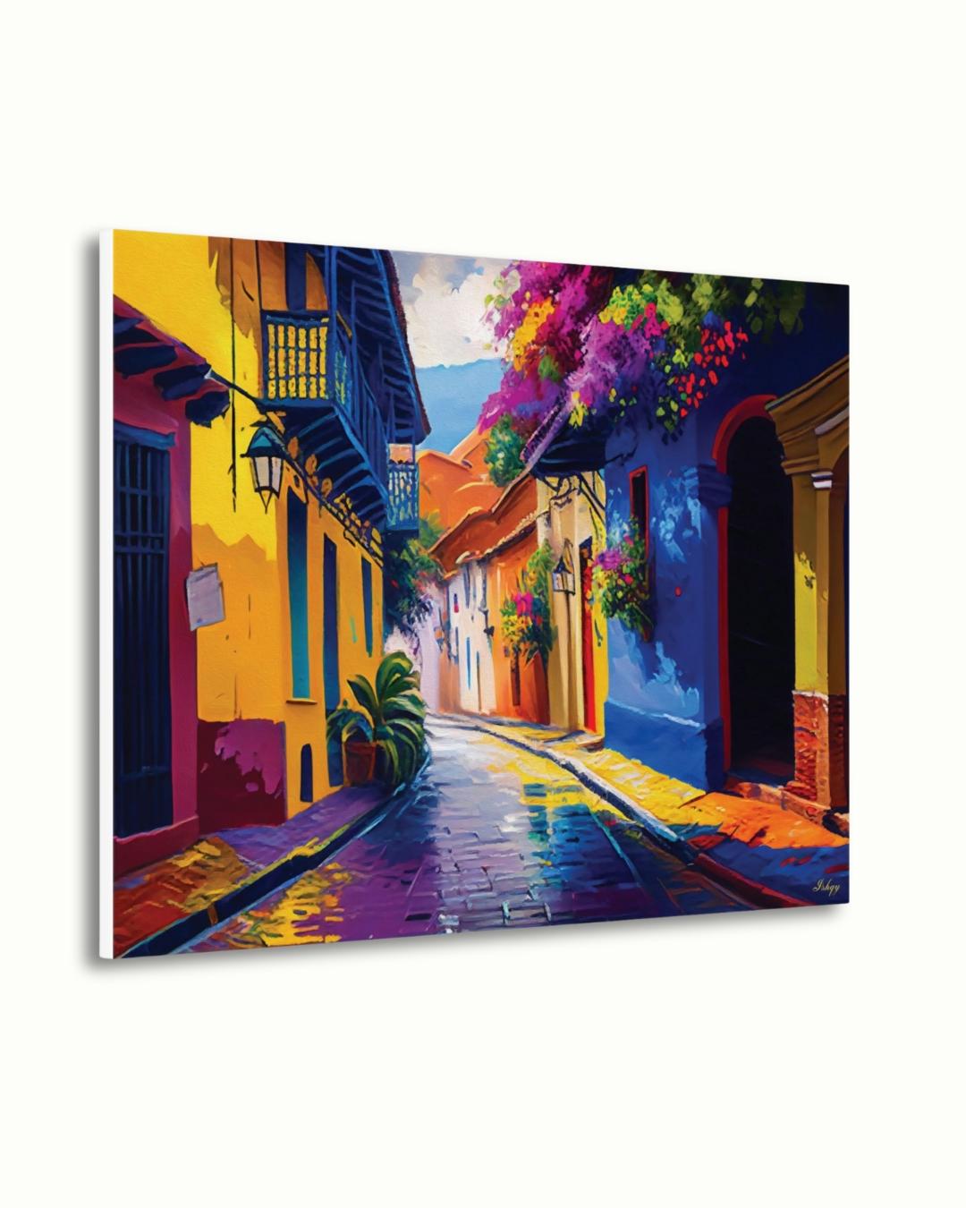 Cartagena Colombia Old Town Wall Art Print Canvas Framed Canvas, Colorful Colonial Street Balcony, Bougainvillea, Caribbean Travel Home Decor