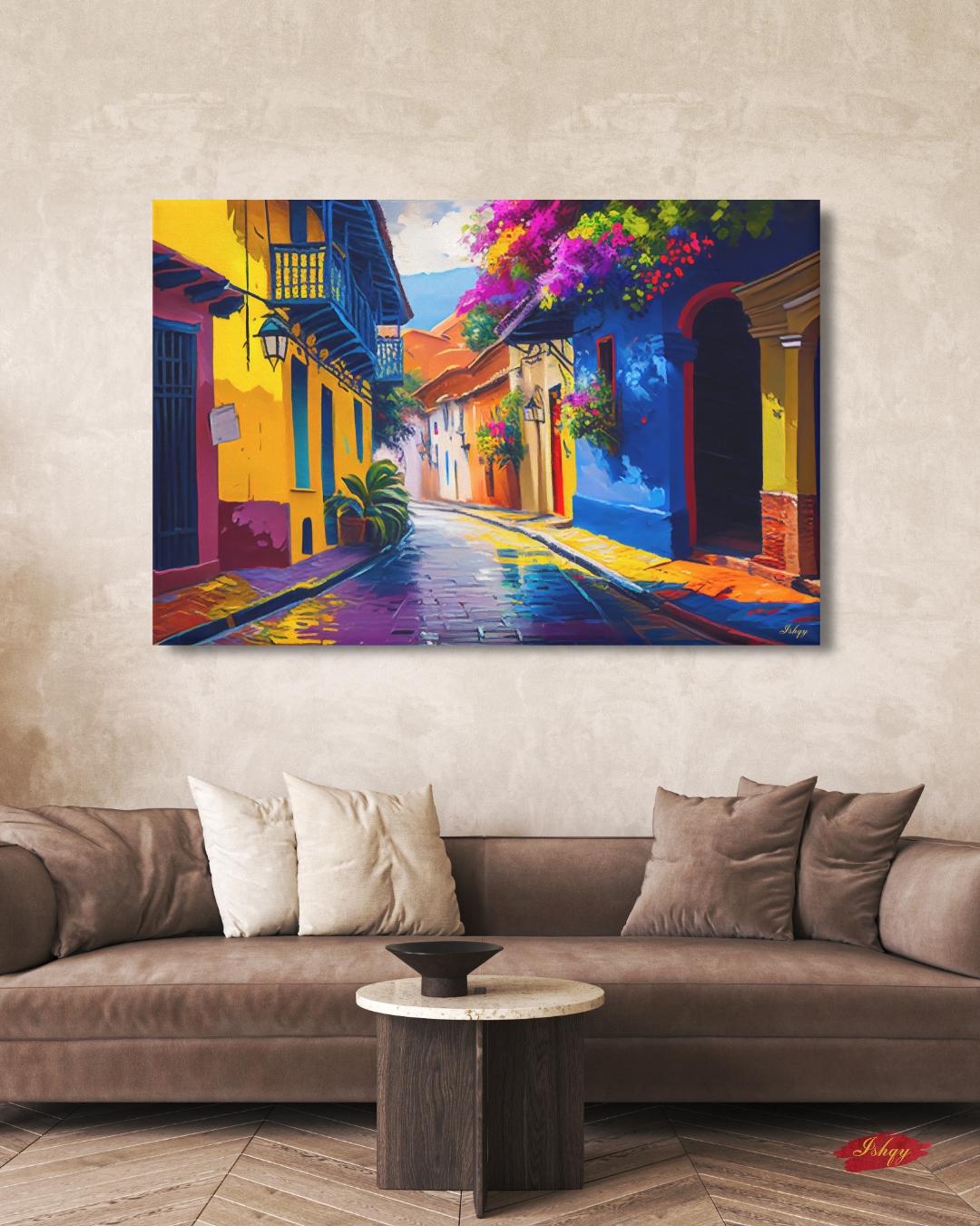 Cartagena Colombia Old Town Wall Art Print Canvas Framed Canvas, Colorful Colonial Street Balcony, Bougainvillea, Caribbean Travel Home Decor