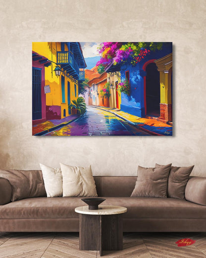 Cartagena Colombia Old Town Wall Art Print Canvas Framed Canvas, Colorful Colonial Street Balcony, Bougainvillea, Caribbean Travel Home Decor