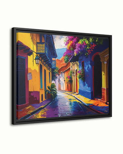 Cartagena Colombia Old Town Wall Art Print Canvas Framed Canvas, Colorful Colonial Street Balcony, Bougainvillea, Caribbean Travel Home Decor