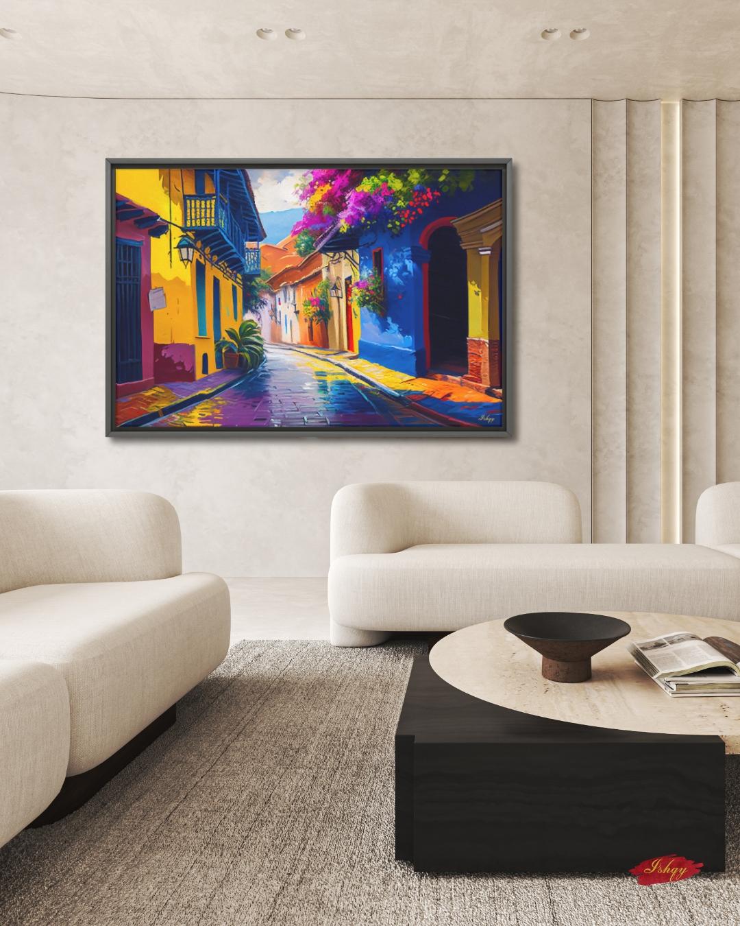 Cartagena Colombia Old Town Wall Art Print Canvas Framed Canvas, Colorful Colonial Street Balcony, Bougainvillea, Caribbean Travel Home Decor