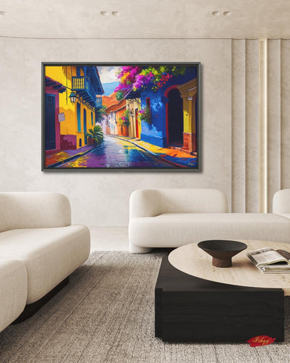 Cartagena Colombia Old Town Wall Art Print Canvas Framed Canvas, Colorful Colonial Street Balcony, Bougainvillea, Caribbean Travel Home Decor