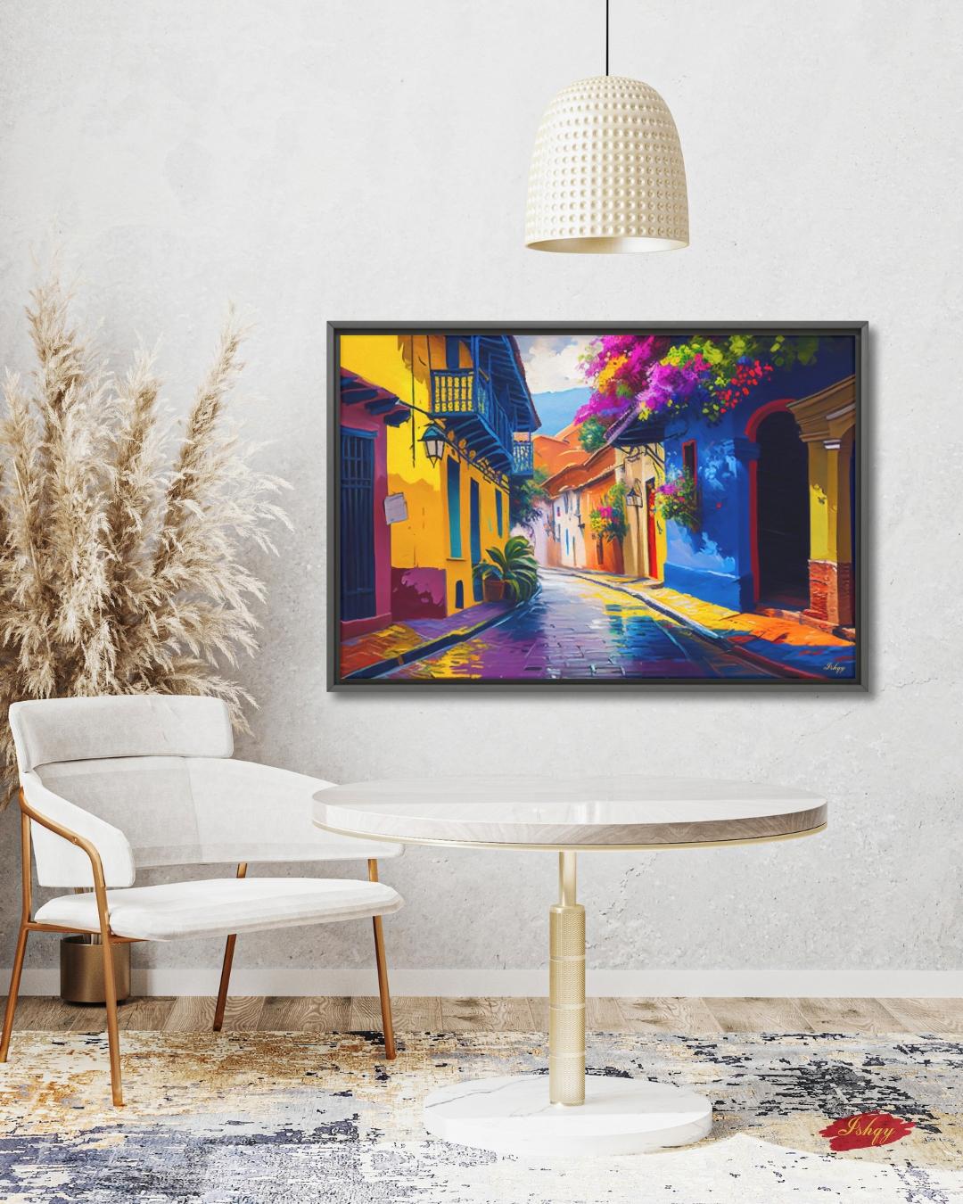 Cartagena Colombia Old Town Wall Art Print Canvas Framed Canvas, Colorful Colonial Street Balcony, Bougainvillea, Caribbean Travel Home Decor